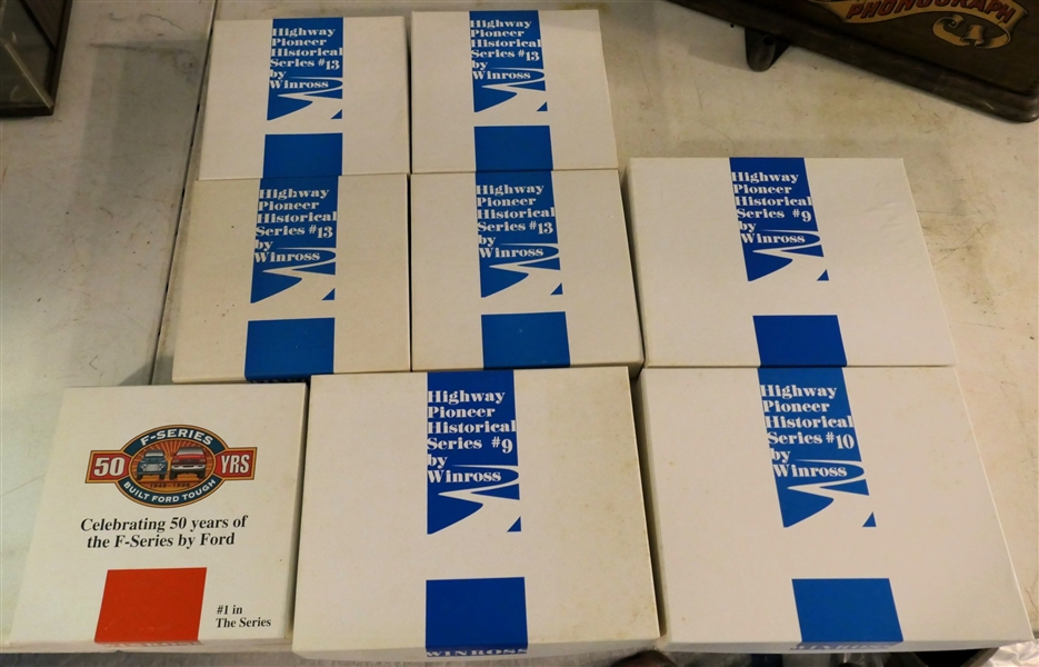 8 - Winross Die Cast Transfer Trucks in Original Boxes - With Paper Information - Hennis, Fort F- Series 50 Years, Johnson, Highway Historical Pioneers, Etc. 