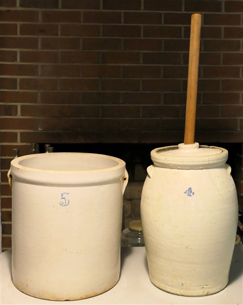 5 Gallon Stone Crock and 4 Gallon Stone Churn - Churn is Cracked - Has Pottery Lid and Replaced Dasher 