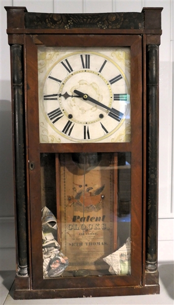 Seth Thomas Weight Driven Mantle Clock with Original Label Inside - Stencil Painted Details - Measures 30 1/2" Tall 17" by 5" - Top Trim is Broken 