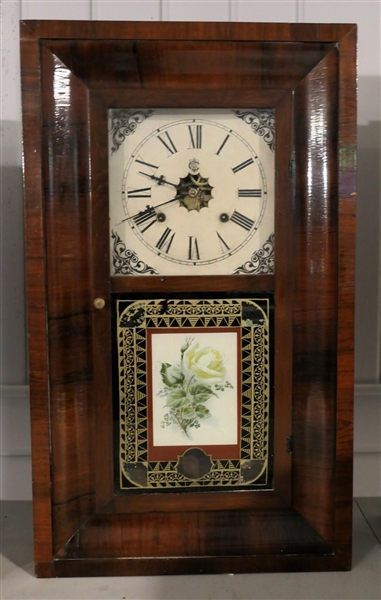 Waterbury Clock Company Pendulum and Lever Clock - Weight Driven Clock -Floral Decorated Door - Case Measures 26 1/2" tall 15 1/2" by 4 1/2" - With Weights and Pendulum