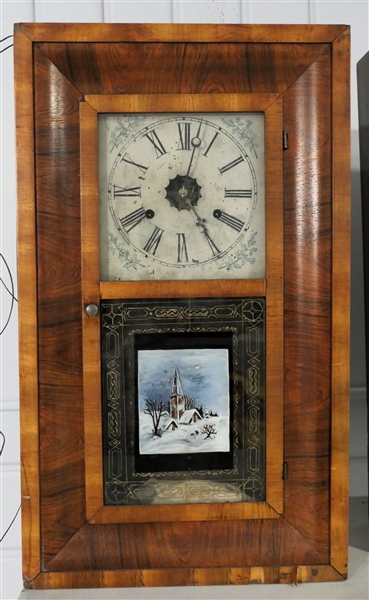 E.N. Welch Thirty Hour Weight Driven Brass Clock - Reverse Painted Door - With Weights and Pendulum - Measures 26" tall 15" by 4" 