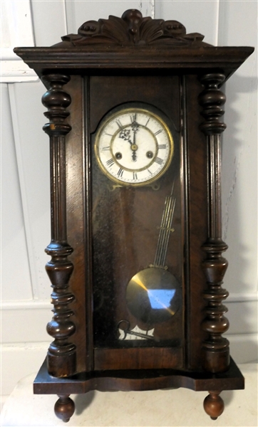 Dark Finish Hanging Wall Clock with Fruit Carved Crest - Porcelain Dial - Measures 30" Long - Some Trim Missing 