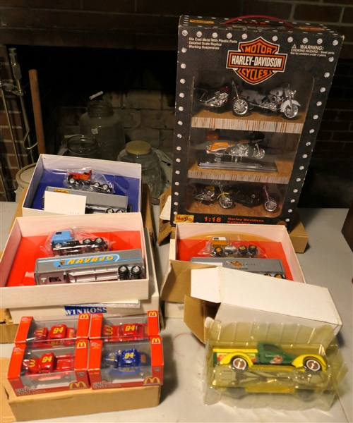 Lot of Die Cast Cars / Motor Cycles including Harley Davidson Collection, Winross Campbell Express, Mountain Dew, McDonalds, Winross "Navajo" and "Centralia" 