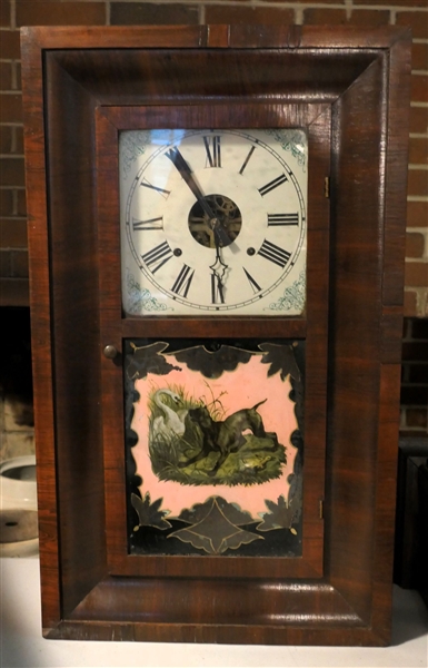 Waterbury Clock Co. Eight Day and 30 Hour Brass Clocks & Time Pieces - Mantle Clock - With Wood Case - Weights and Pendulum - Dog and Swan on Glass Door - Measures 26" tall 15 1/2" by 4"