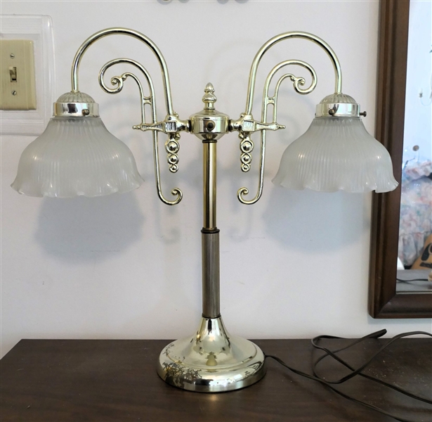 Gold Tone Double Light Lamp - Glass Shades - Measures 20" tall 18" Across