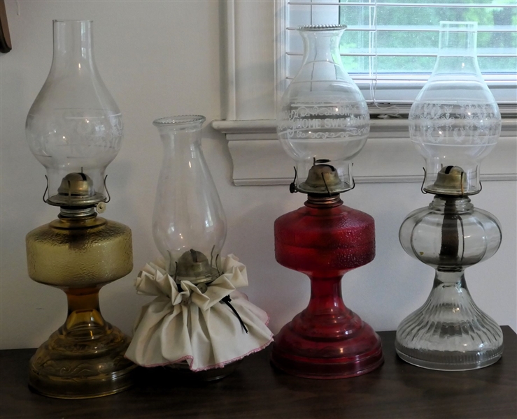 4 Oil Lamps - 3  With Decorated Chimneys 