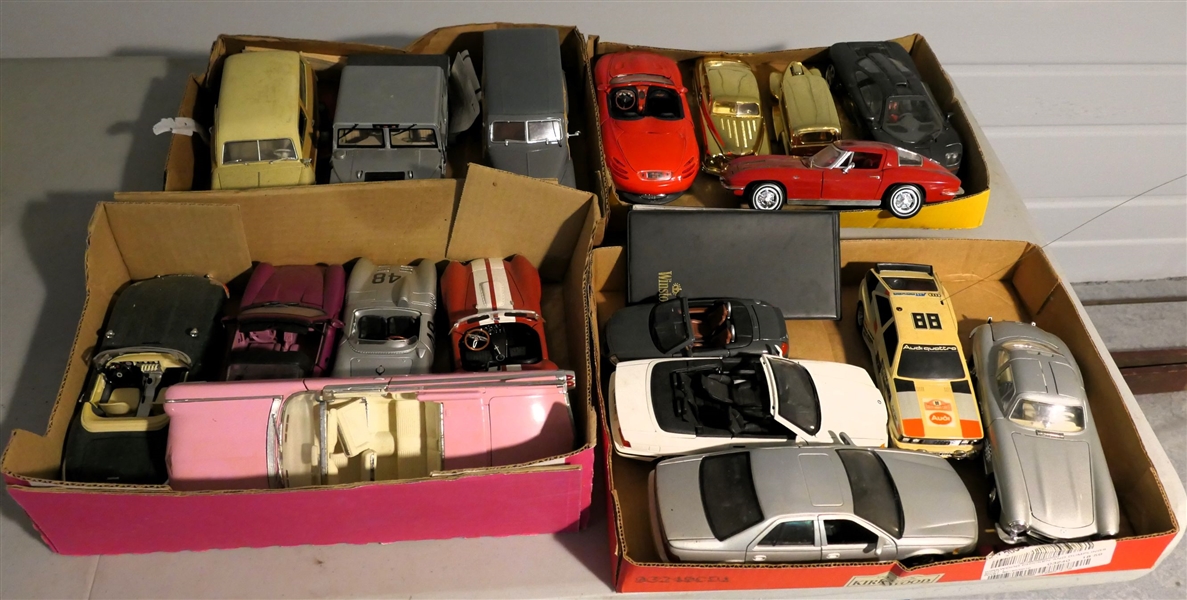 18 Die Cast Cars including Pink Cadillac, Hummer, Corvette, and Ford with Wood Paneled Sides