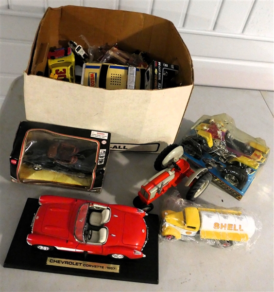 Lot of Cars, Tractors, and Toys including Shell Truck, Corvette (1957), Wilco Car, Metal Ford Tractor, and Other Vehicles