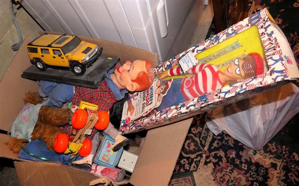 Box Lot of Toys - Fisher Price, Pee Wee Herman, Wheres Waldo, Hummer Car, and More