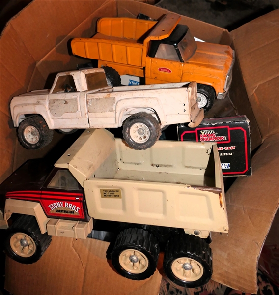 Box Lot of Toys - John Deere Tractor, Racing Champions, Metal Tonka Truck, Tonka Truck, Stony Bros Dump Truck, Texaco Truck, Buddy L, Etc. 