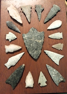 Collection of Indian Artifacts - Arrowheads on Plaque and Rocks