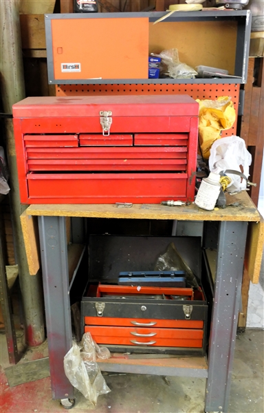 Hirsh Work Center Rolling Work Bench with 2 Metal Tool Boxes and All Tools - Work Bench Has Drop Sides - Peg Board Back - Measures 62" tall 32" by 22" 