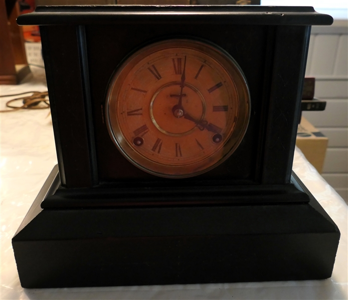 The E. Ingraham Company "Nemo" Eight Day ( Half Hour Strike) Mantle Clock - Black Case - Measures 10 1/4" tall 12 3/4" by 7"