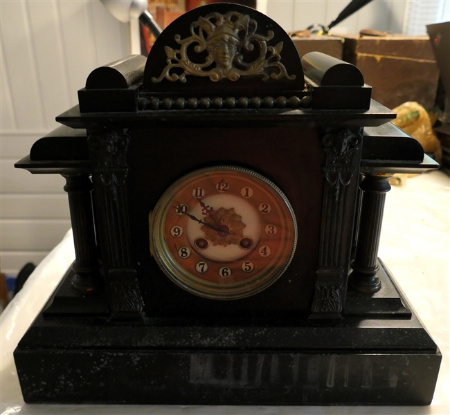 Fancy Mantle Clock with Columns On Each End - Womans Face at Top - Has Key and Pendulum - Clock Case Measures 13 1/2" Tall 14 1/2" by 5 3/4" 