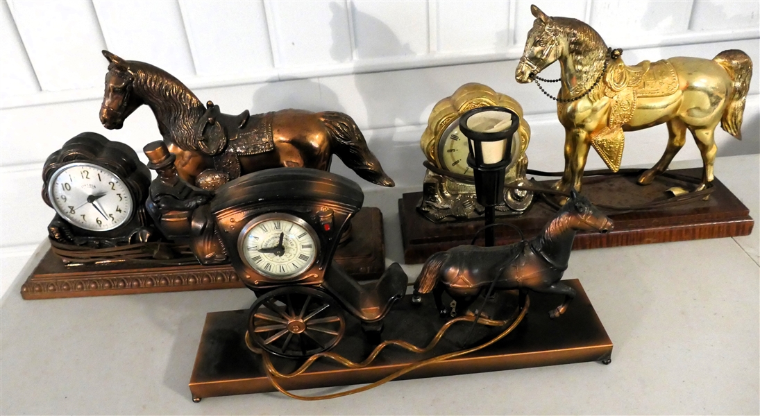 3 Horse Clocks  - United Self Winding Gold Horse Clock, Session Horse and Carriage Clock - With Original Tag, and Lincoln Self Winding with Copper Colored Horse