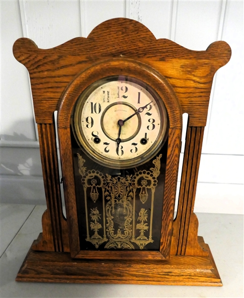 "Atlanta" Ingraham Eight Day Oak Kitchen Clock with Key and Fancy Pendulum -Original Label on Back - Running  Measures 19" Tall 