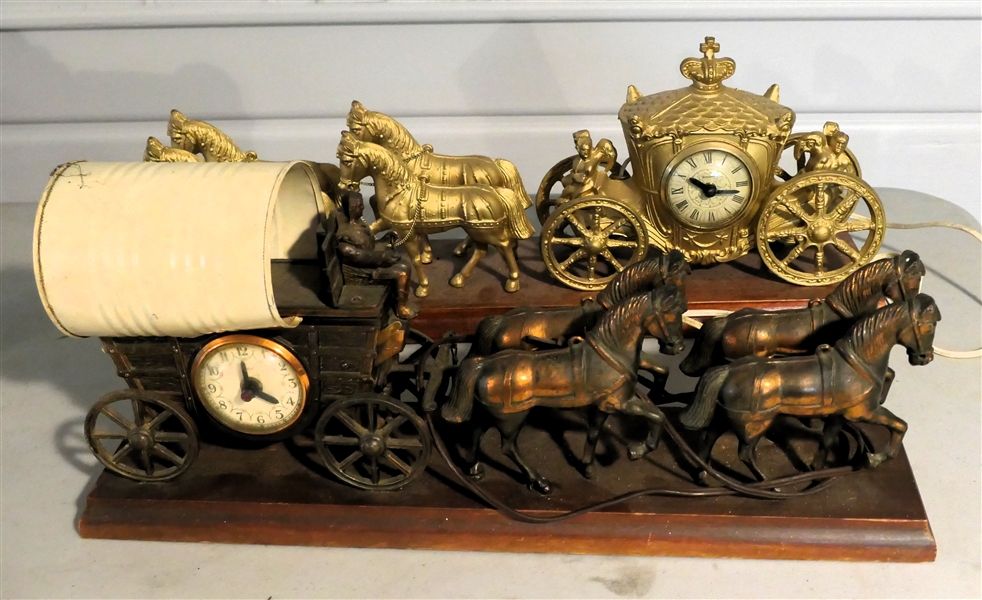 2 United Horse and Carriage Clocks - Gold Tone with Fancy Carriage and Copper Tone with Lighted Covered Wagon - Wagon Canopy Has Been Replaced - Missing Reins