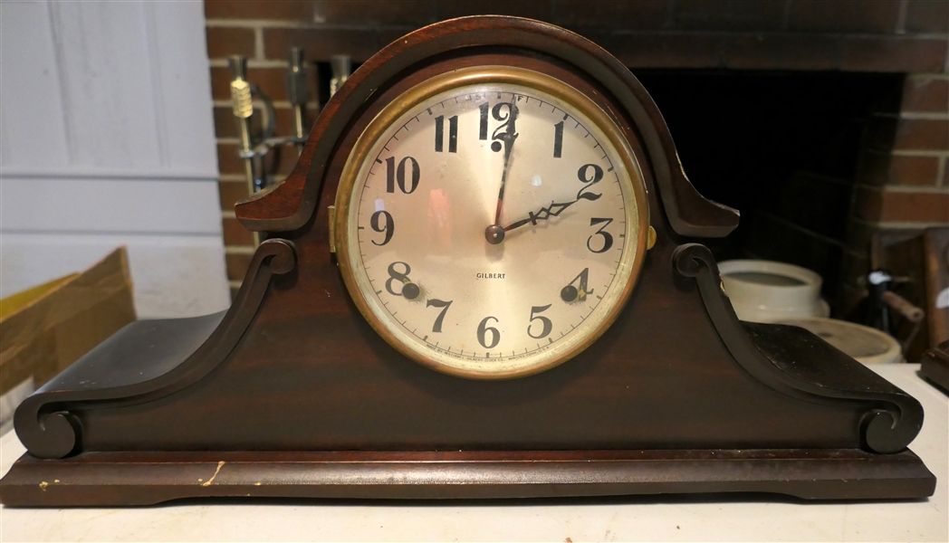 Gilbert Mahogany Case Onion Head Mantel Clock - With Pendulum - Measures 10 1/2" Tall 20" by 5 1/2" 