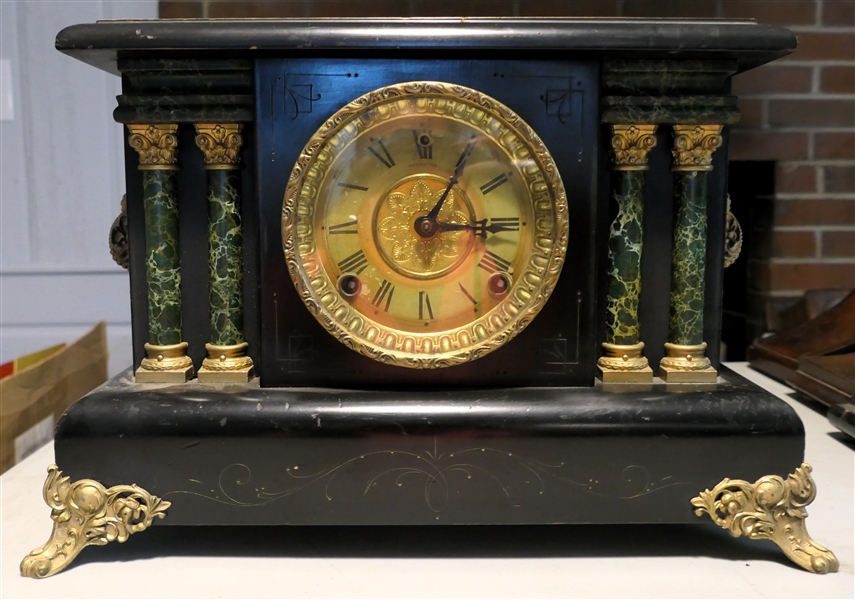 Fancy Sessions Mantel Clock with Faux Marble Columns - Brass Ormolu - Measures 11 1/2" Tall 16" by 7" 