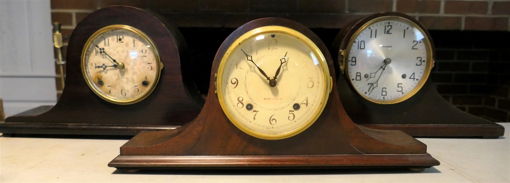 3 Onion Head Mantle Clocks - Sessions, Seth Thomas, and Ansonia - Sessions Measures 9 1/2" Tall 19" Long - Ansonia Glass Face Needs Attaching - No Keys or Pendulums 