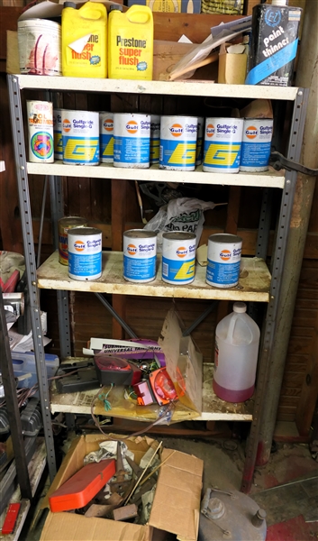 Metal Storage Shelf and Contents including Prestone Super Flush, Gulfpride Single G Motor Oil Cans - Full, Dupont Oil Treatment, Havoline Motor Oil, Galvanized Oil Can, Trailer Lights, and Tools 