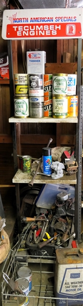 North American Specials Tecumseh Engines Rack with Oil Cans, Paint, and Tools - Oil Cans include Quaker State, Exon, Empire, Gulf, and Harley Davidson - Sears Oil Can Is Empty - Tools include...