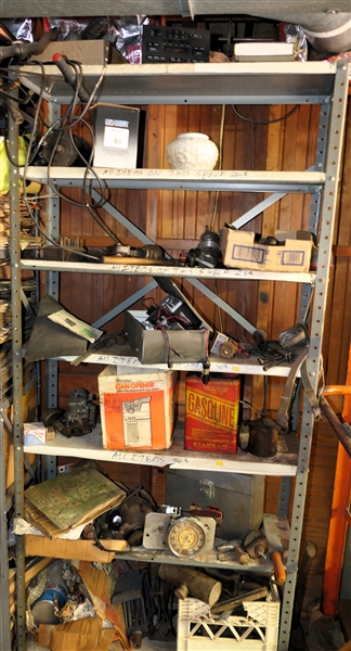 Metal Storage Shelf and Contents - Radio, Tools, Instrument Panel, Realistic 2 Way Radios, Oil Can, and Much More