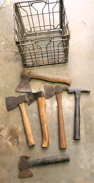 6 Hatchets, Throwing Hatchett, and Hammer in Metal Milk Crate - Several Are Signed - See Photos