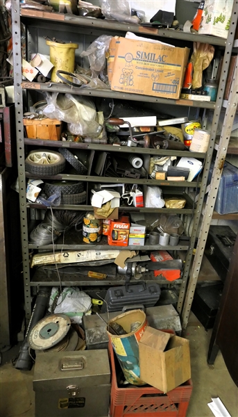 Metal Storage Shelf Full of Tools, Parts, Log Chain, Wheels, Lawnmower Blades, Sockets, Wrenches, Oil Can, and More