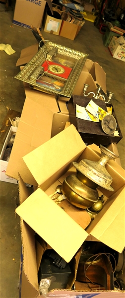 4 Large Box Lots - Clocks, Silverplate, Clock Crystals in Metal Box, Spittoon, Religious Clock, Silverplate Candelabra, Ships, Cameras, Etc. 