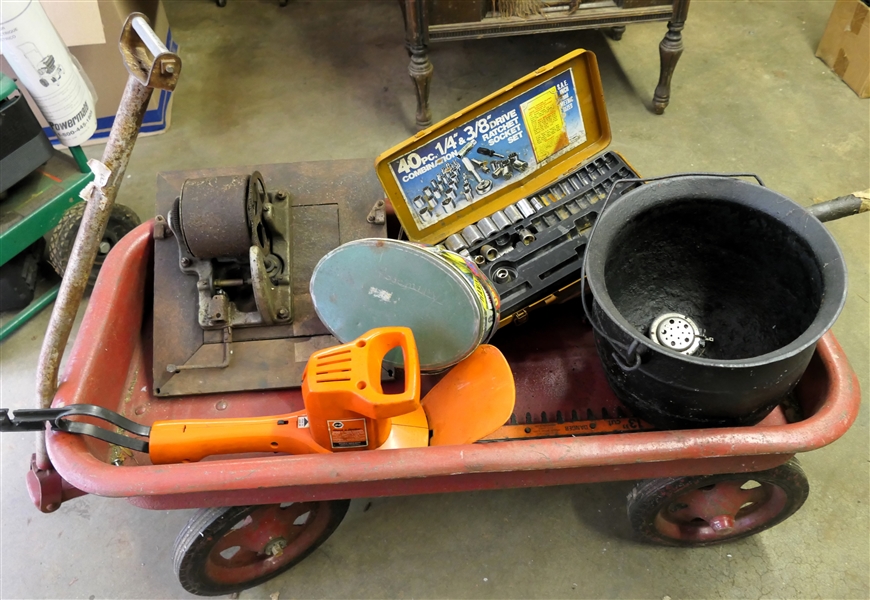 Red Metal Wagon - Very Sturdy, Cast Iron Pot, Lunch Tin, Sockets, Metal Bat, Hedge Trimmers