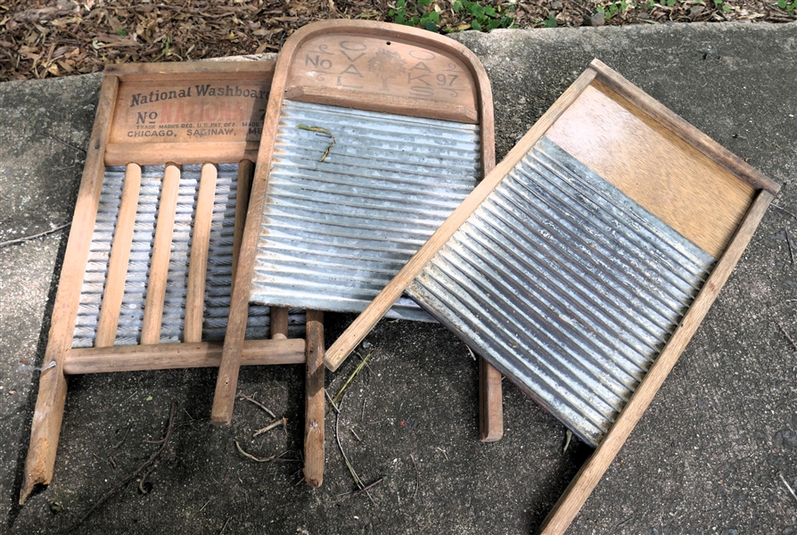 3 Washboards - National Washboard No. 725, Oval Oaks No. 97, and Other 