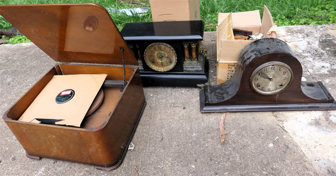 2 Cuckoo Clocks, 2 Mantle Clocks, and Tabletop Phonograph 