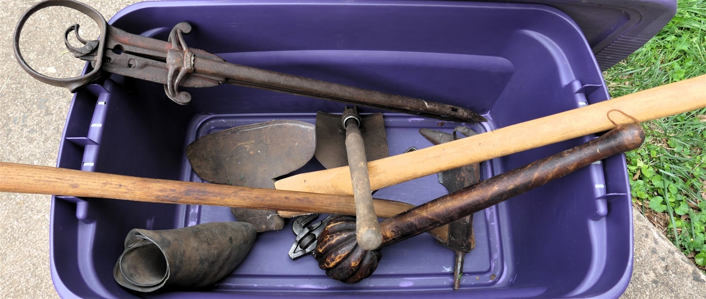 Antique Tool Lot -Foot Adze, Broad Axe, 1913 Dated Wrench, Iron, Military Shovel, and Other Unusual Tool 