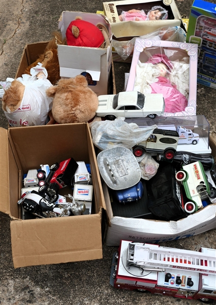 Large Lot of Toys including Die Cast Cars & Tucks, Teddy Ruxpin, Star Wars, Tonka Fire Truck, Dolls, Furniture, Etc. 