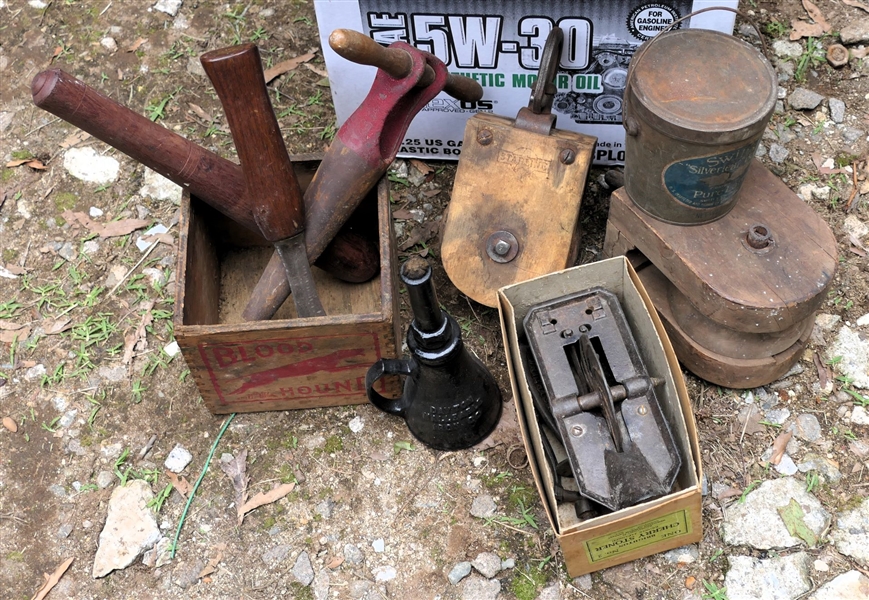 Blood Hound Tobacco Box, Block and Tackle, Lard Can, Cherry Stoner in Original Box, Hatchett, Etc. 