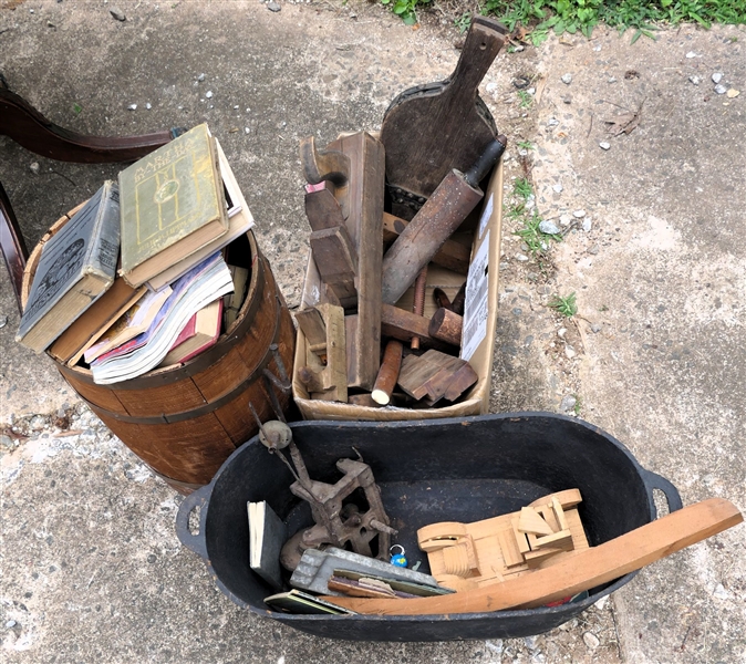 Country Lot including Cast Iron Pot, Wood Rolling Pins, Bellows, Nail Keg, Books, and Wood Clamps