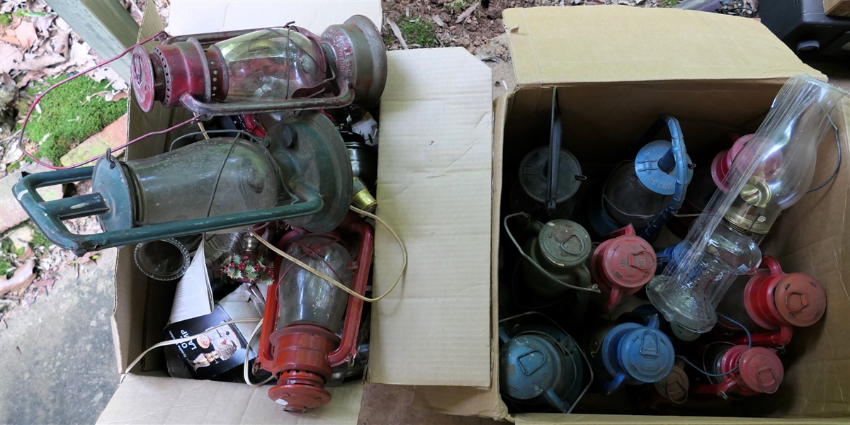 2 Boxes Full of Lanterns, Oil Lamps, and Miniature Oil Lamps - Dietz Lanterns and More