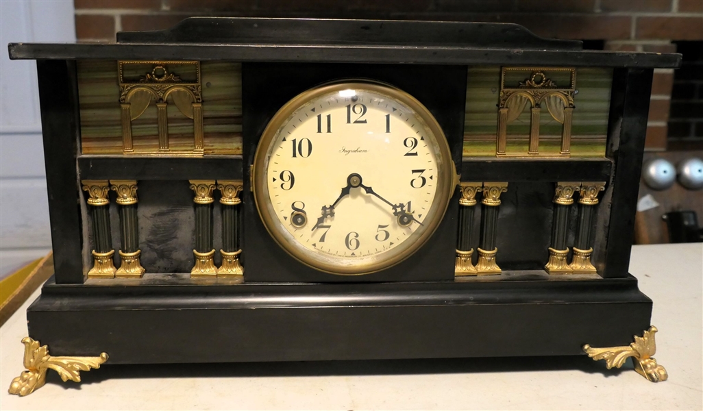 Nice Ingraham Clock with Columns and Brass Ormolu -Lions Heads on Ends  - Very Nice Clock - Measures 10" tall 18 1/4" Across