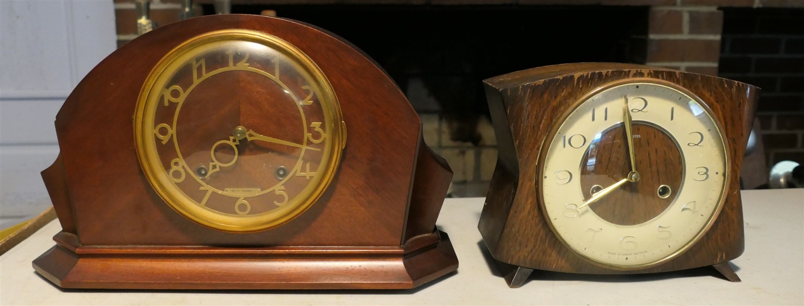 Nice Seth Thomas Art Deco Mantel Clock in Mahogany Case with Wood Dial and Smiths Made in Great Britain Clock - Both Have Key and Pendulum - Smiths Clock Measures 7" Tall Seth Thomas Measures 9...