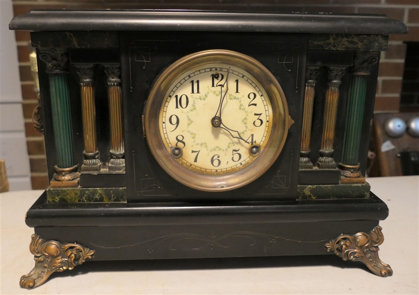 Sessions Mantle Clock with Brass Ormolu and Columns - Original Paper Label on Back - Fancy Pendulum - No Key - Measures 11" Tall 15" Across