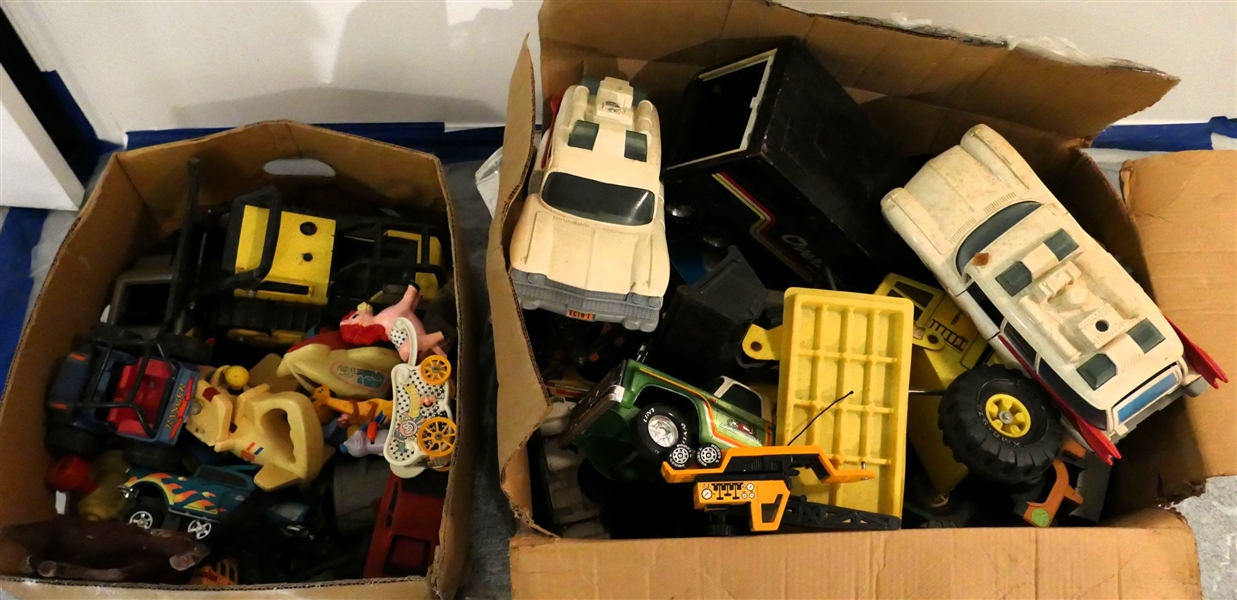 2 Boxes of Toys and Cars - Tonka Turbo Diesel, Ghost Busters, Nylint Farm, Tonka Transfer Truck, Tonka Bull Dozer, Metal Van, and Others
