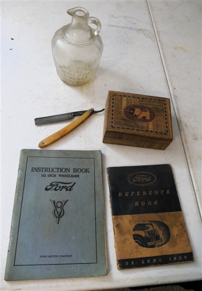 Inlaid Scottie Dog Card Box, Apple Pie Ridge Pure Apple Cider Vinegar Pint Bottle, The Gen Co. Bradford, PA Straight Razor, and 2 Ford Reference Books - 1939 and Other