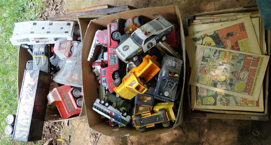 2 Boxes of Toys and Pepsi Crate of Comic Books - Toys include Tonka Trucks, Greyhound Bus, Randy Travis Truck, Coca Cola Trailer, Highway Patrol Car, Etc. 