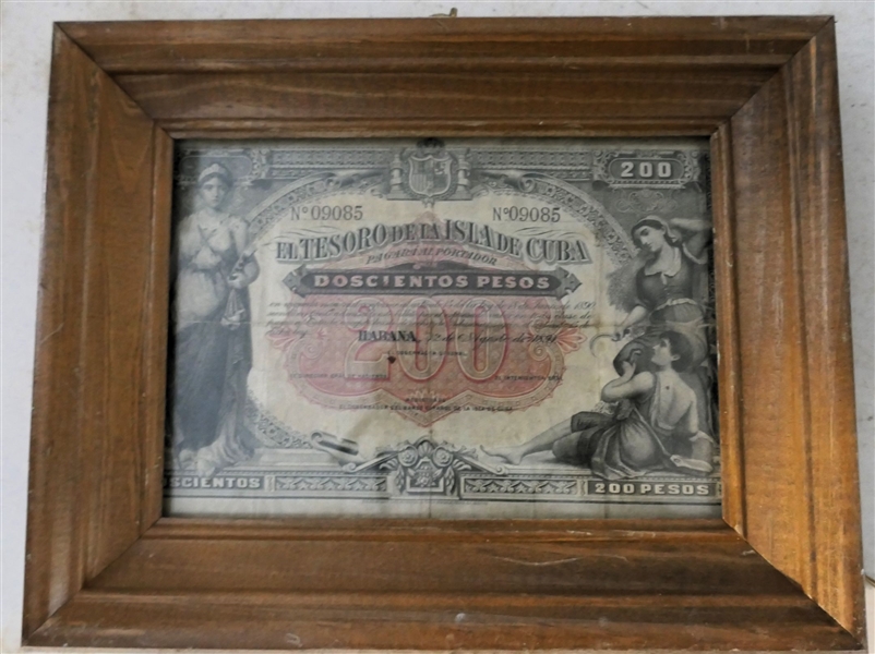 1890 Habana 200 Pesos Note - Framed - Frame Measures 9 1/2" by 8" 