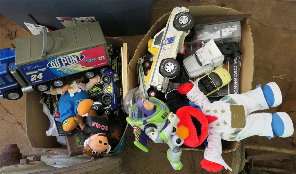 2 Boxes of Toys including Buzz Lightyear, Elvis Elmo, Napa Truck, Nascar Cars and Trucks, Texaco Truck, Die Cast Cars, and More