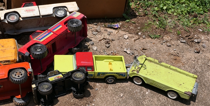 Lot of Metal Trucks and Other Toys - Tonka Trucks, Nylint Truck and Trailer, Greyhound Bus, Nylint True Value, Etc. 