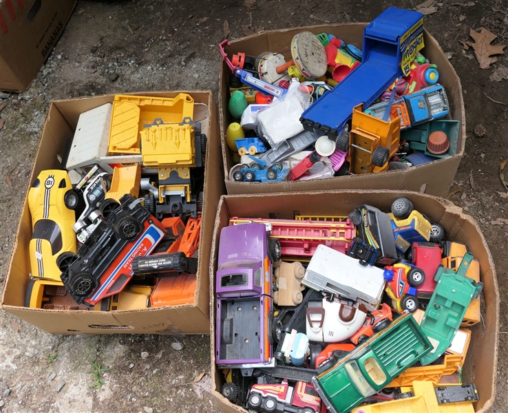 3 Boxes of Toys - Bass Chaser Truck with Boat, Buddy L, Interstate Wrecker, Winnebago, Dump Trucks, Tonka, Crane, and More