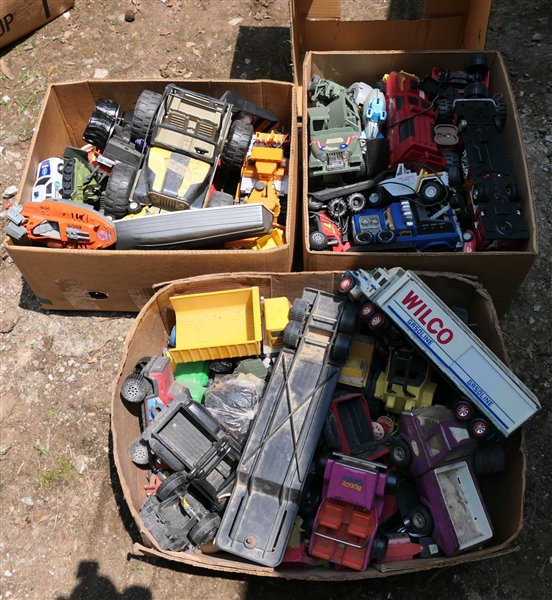 3 Boxes of Toys, Cars, and Figures - GI Joes, Wilco Gasoline, Tonka Jeep, Boats, Construction Vehicles, Etc. 