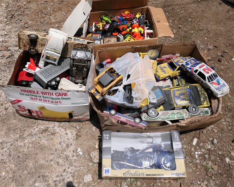 3 Boxes of Toys including Race Cars, Indian Motor Cycle, Plastic Toys, Trailers, Etc. 